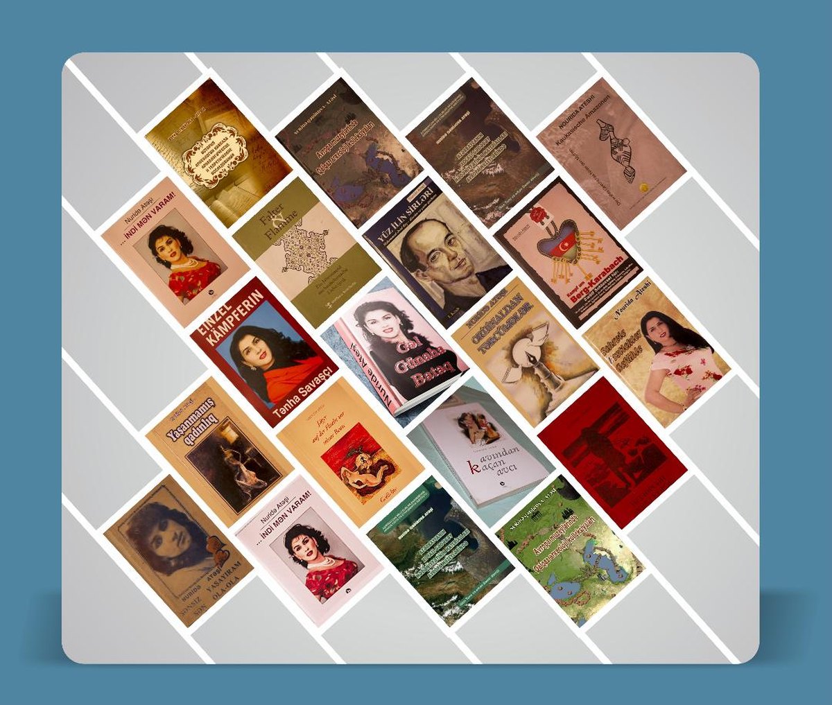 A collage of Nurida Ateshi’s book covers